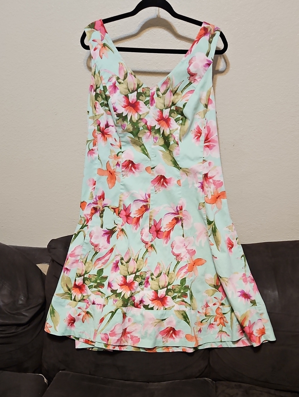 Chaps Mint Floral V-Neck Midi Dress with Pink & Orange Flowers